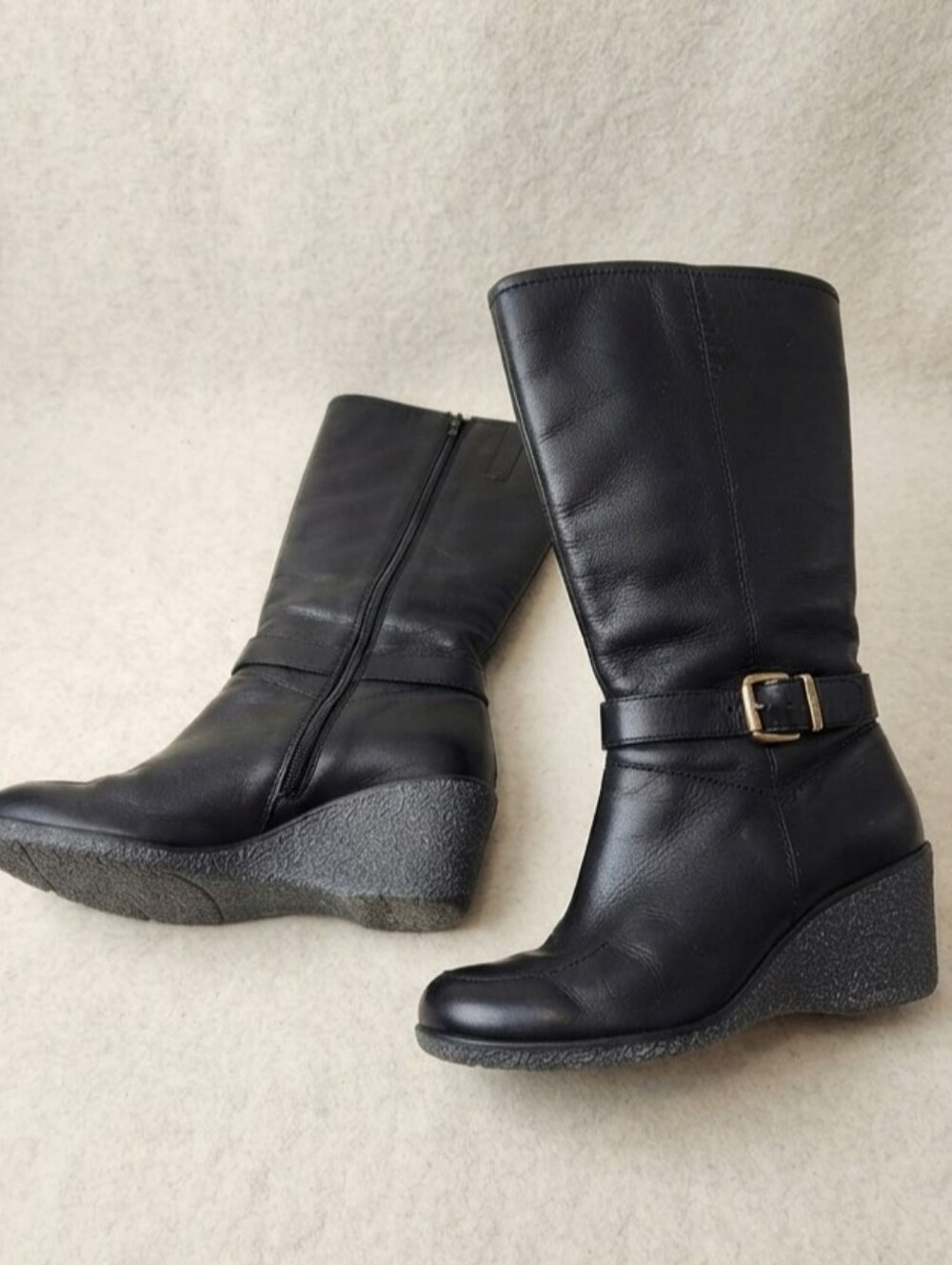 Hush Puppies Black Genuine Leather Knee High Wedge Boots Size 6.5 Buckle Tall